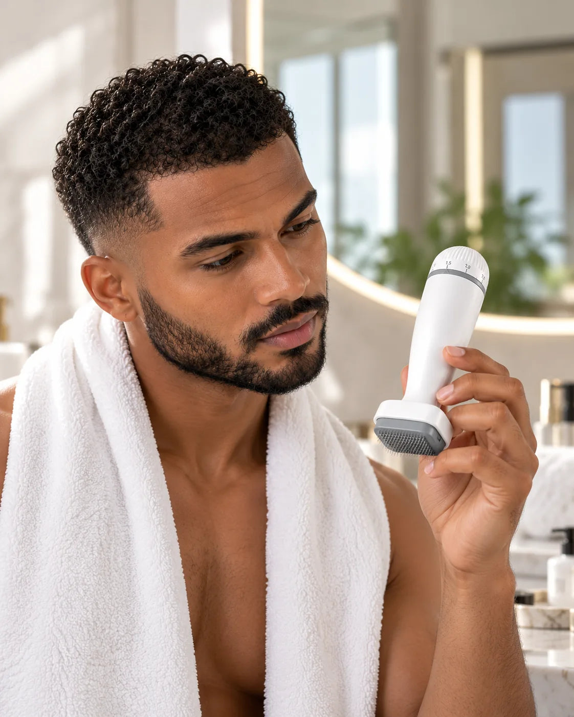 Homme tenant le dispositif de soin dans une salle de bain lumineuse