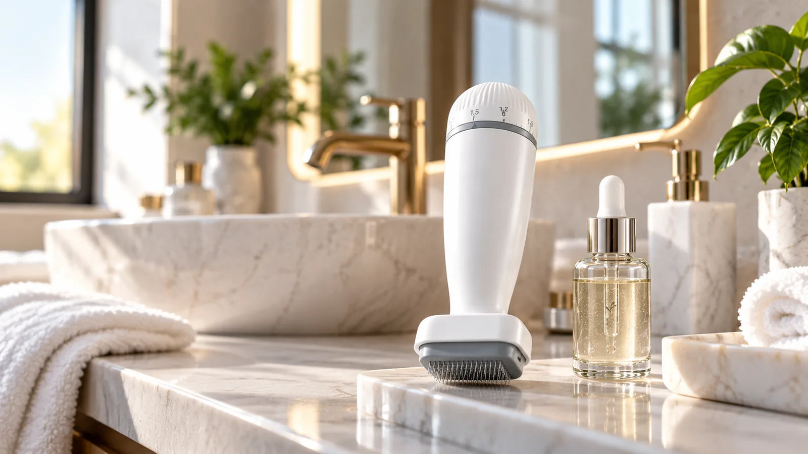 Appareil blanc et flacon compte-gouttes dans une salle de bain en pierre claire; sérum non inclus