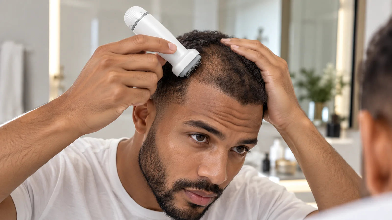 Homme utilisant le dispositif sur son cuir chevelu devant un miroir